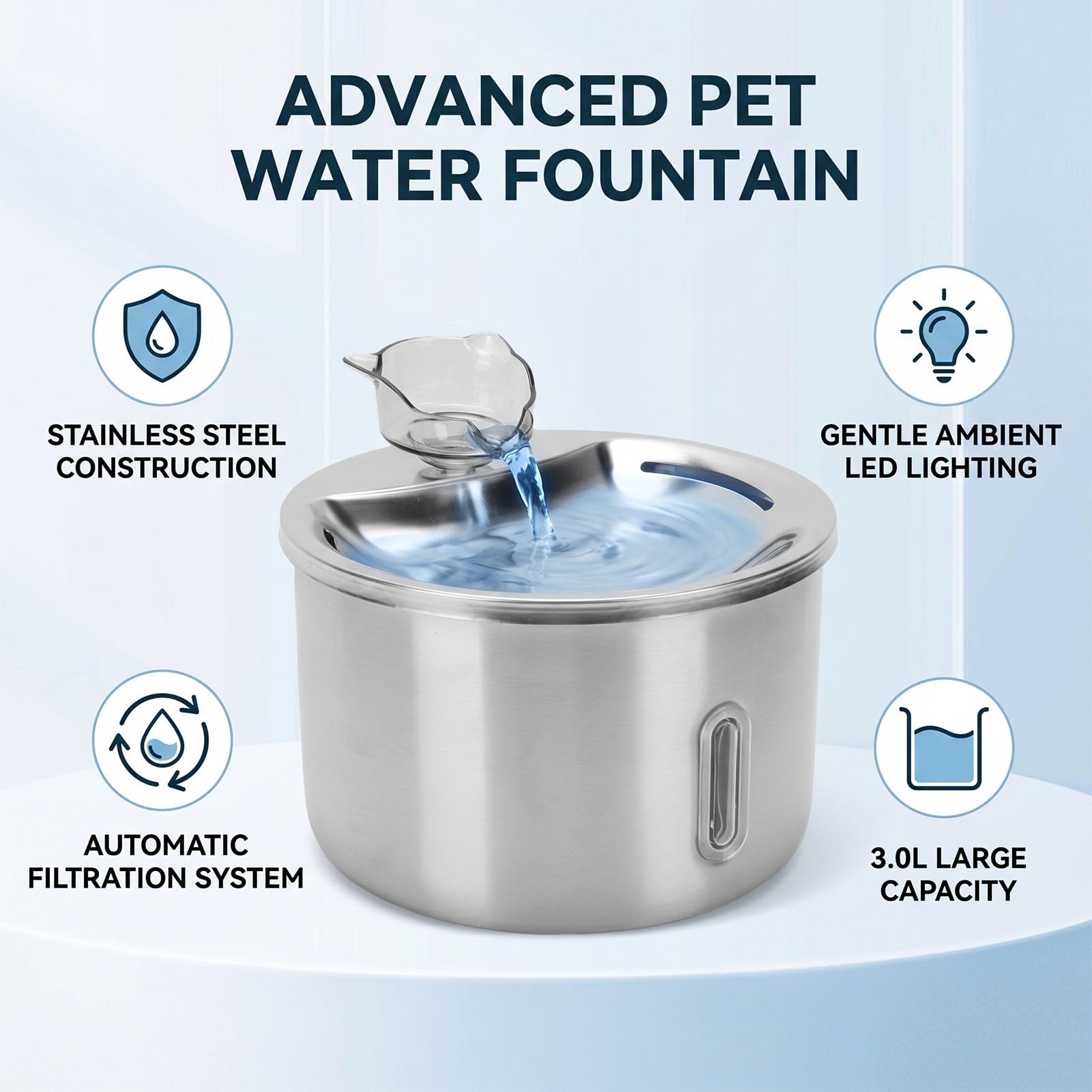 Fuente de Agua para Mascotas de Acero Inoxidable, Filtro de Circulación Automática de 2L, Dispensador de Agua para Gatos con Luz para Gatos y Perros Pequeños