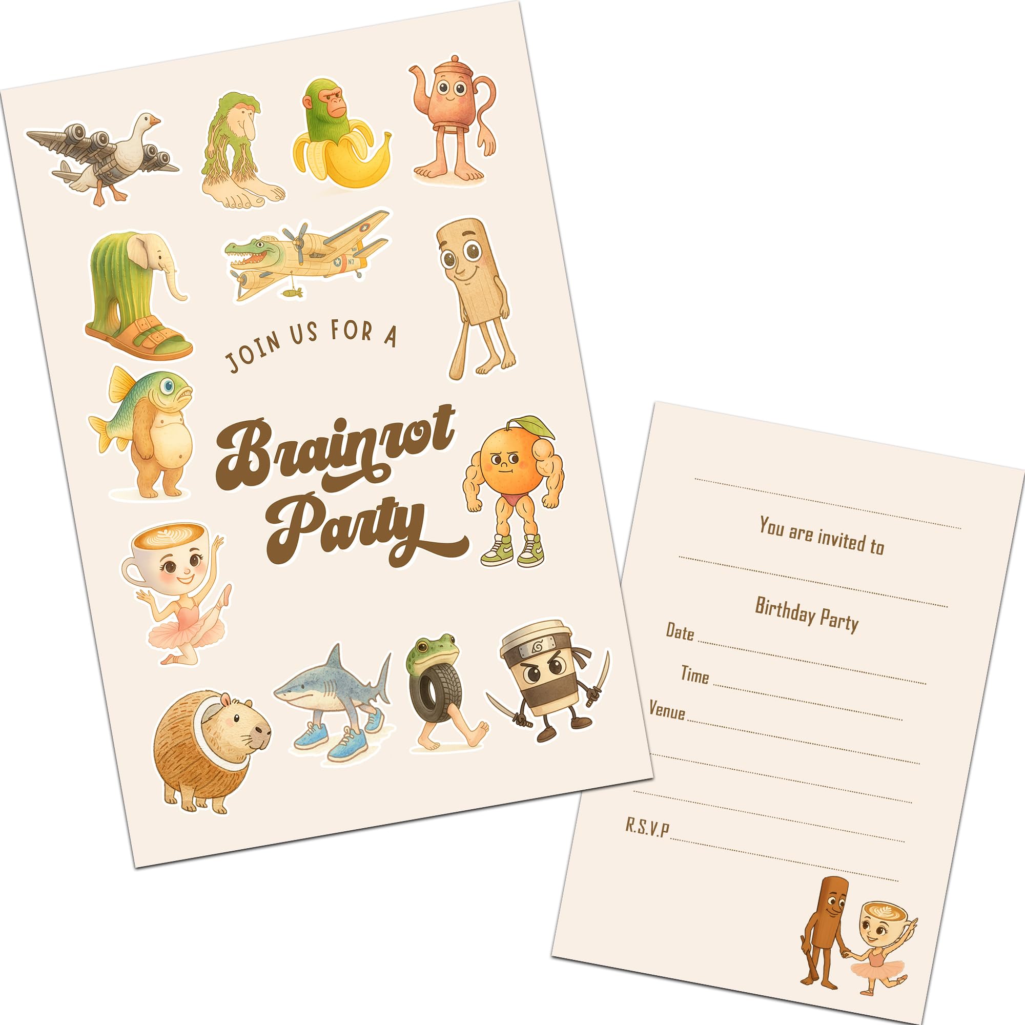 Brainrot Party Invites Birthday Invitations & Envelopes (WRITE ON) (Pack of 25)