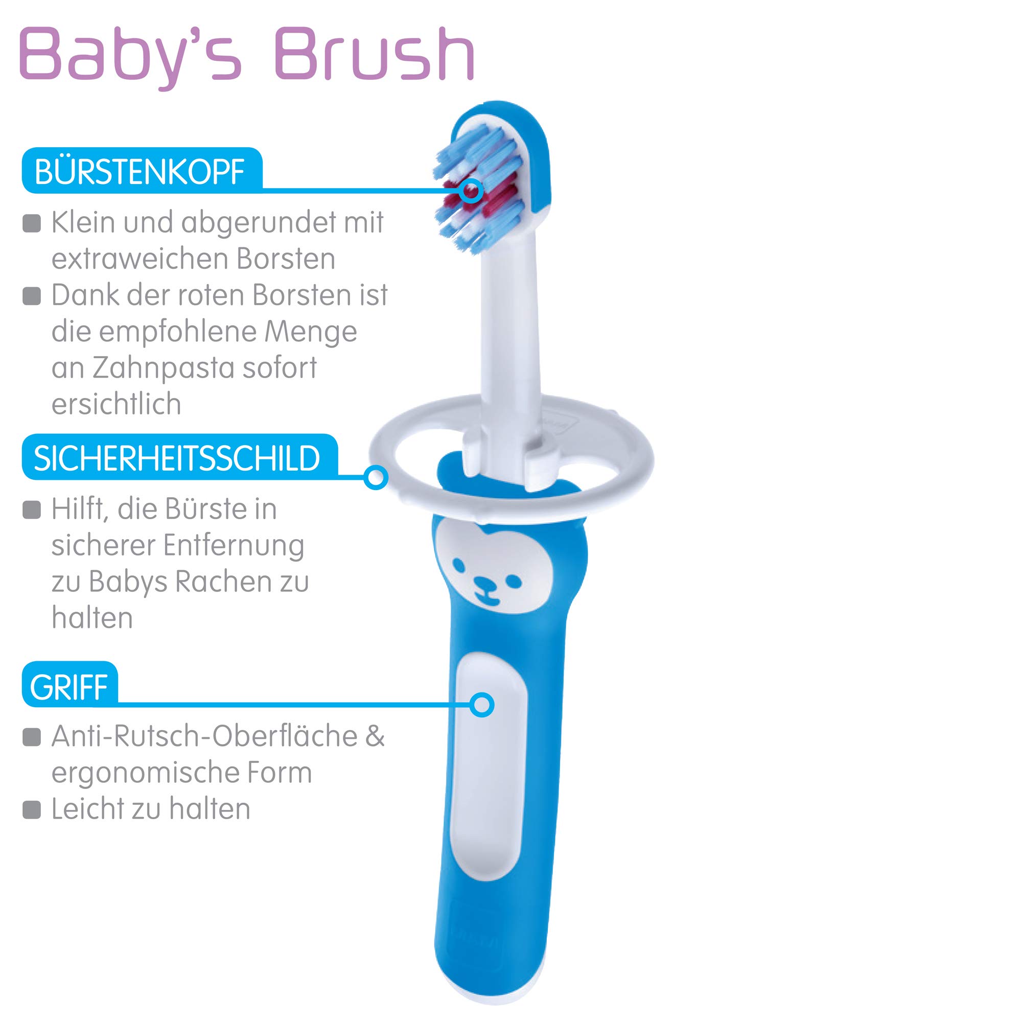 MAM Baby 's Brush, spazzolino da denti con manico corto per una facile tenuta, spazzolino da denti per bambini per una pulizia delicata dei denti, a partire dai 6 mesi, turchese