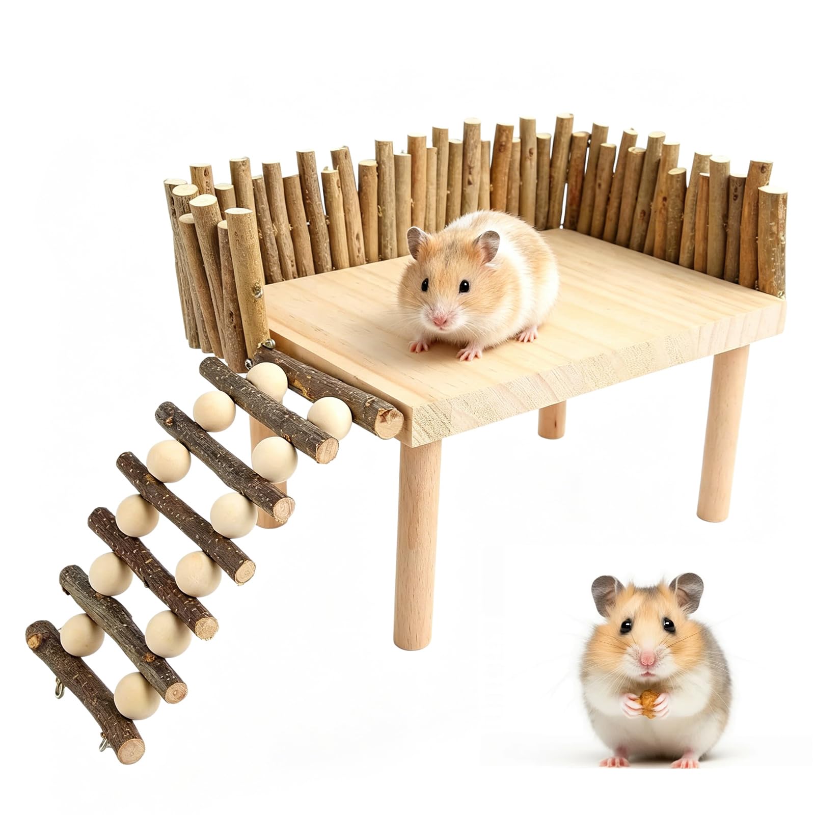 Hamster Climbing Platform Made of Solid Wood with Ladder and Fence, Small Pet Playground and Climbing Frame, Sturdy Cage Accessories for Hamsters, Gerbils, Squirrels, Birds and Other Small Animals