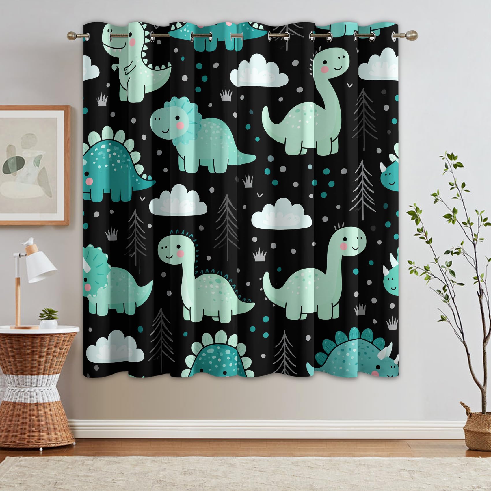 Générique Rideaux Motif Dessin Animé Dinosaures 140x160 cm (LxH), Lot de 2