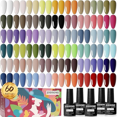 JODSONE Juego de 60 esmaltes de uñas de gel para todas las estaciones, capa base que no se limpia, capa superior mate brillante, kit de esmalte de