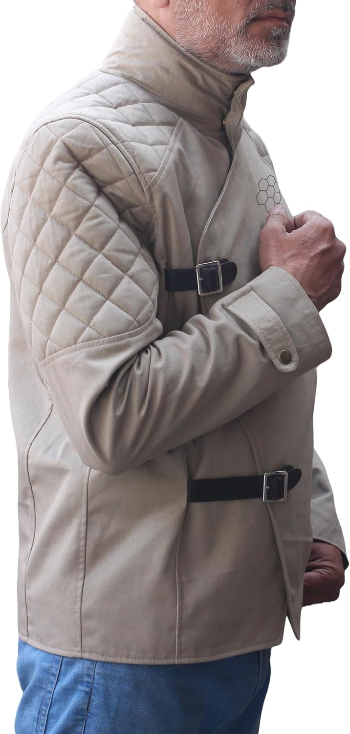 Men The Jason Statham Beekeeper Mr Clay Stand Collar Beige Belted Front Jacket - Cotton