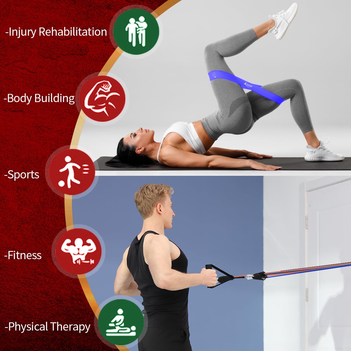 VEICK - Bandes de résistance d’entraînement, avec poignées, pour homme et femme, bandes d'exercice élastiques pour fitness, exercices à la maison, salle de sport