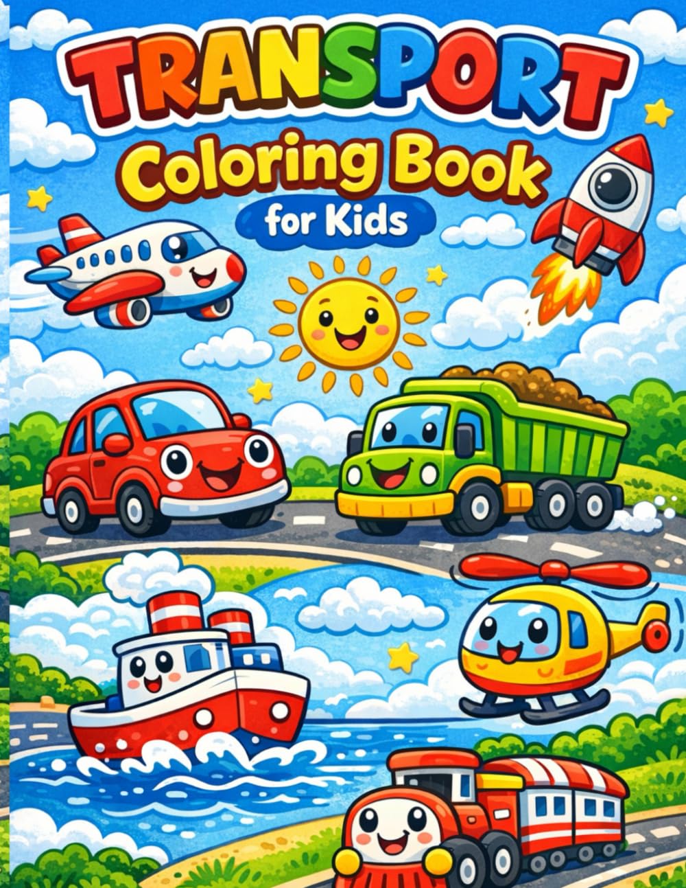 Transport Coloring Book for kids: Fun & Easy Vehicles Coloring Book with Cars, Trucks, Boats, Planes & Rockets for Little Artists