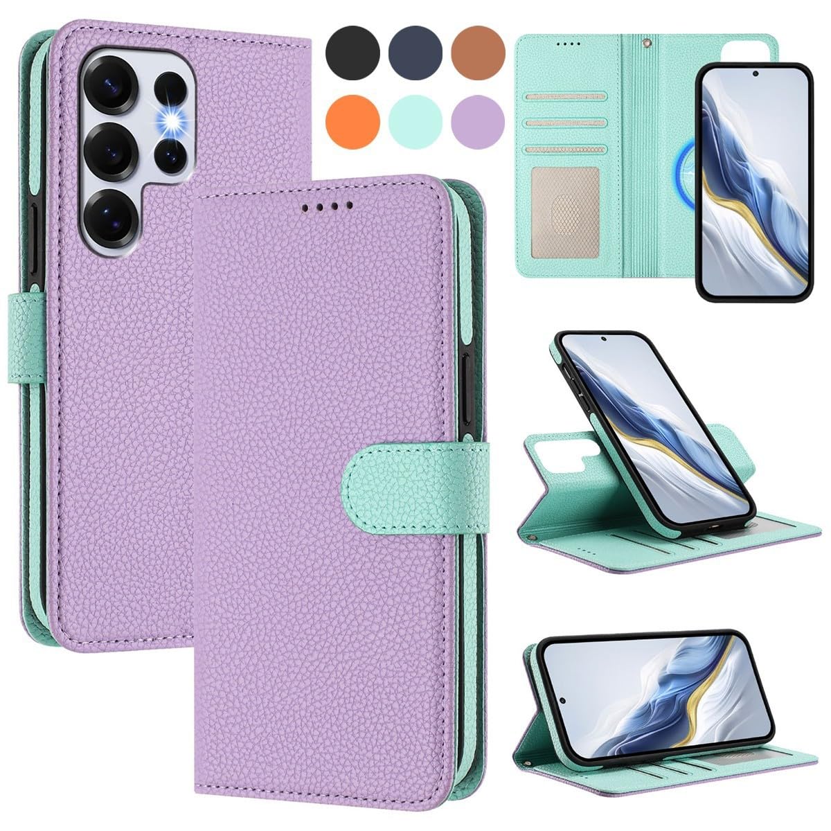 Generic Étui compatible avec Samsung Galaxy S23 Ultra (couleur : menthe) Étui portefeuille en cuir grainé amovible à rabat magnétique