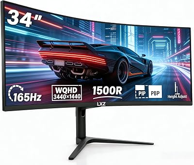 LXZ 34 Zoll Curved Gaming Monitor Height Adjustable 165Hz, 3440 x 1440 UWQHD, 1500R with HDR, 1ms MPRT, 21:9 UltraWide Monitor, VA, with 2xHDMI2.0 2X DP1.4 Ports, VESA 100 * 100mm