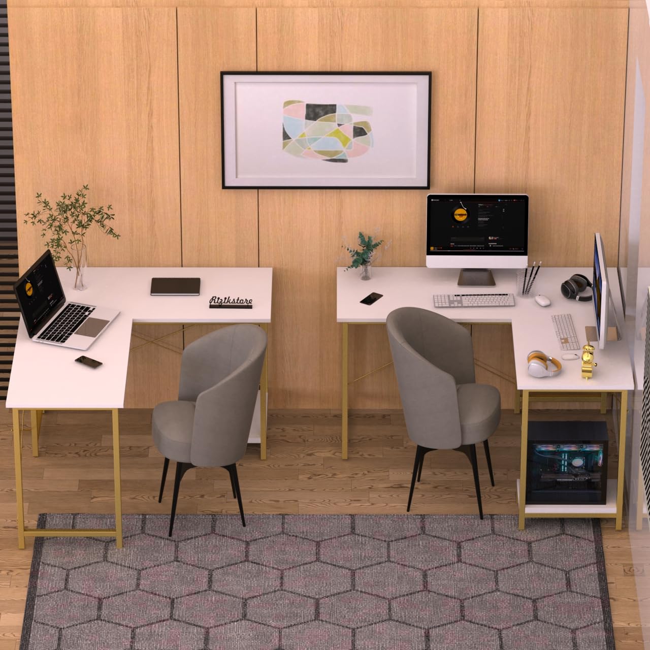 RIZIK Store L-Shaped Computer Desk | 50-Inch Corner Gaming & Study Table with Engineered Wood Top, Metal Frame & CPU Shelf | Writing Workstation for Bedroom, Office & Small Rooms (White Gold-1)