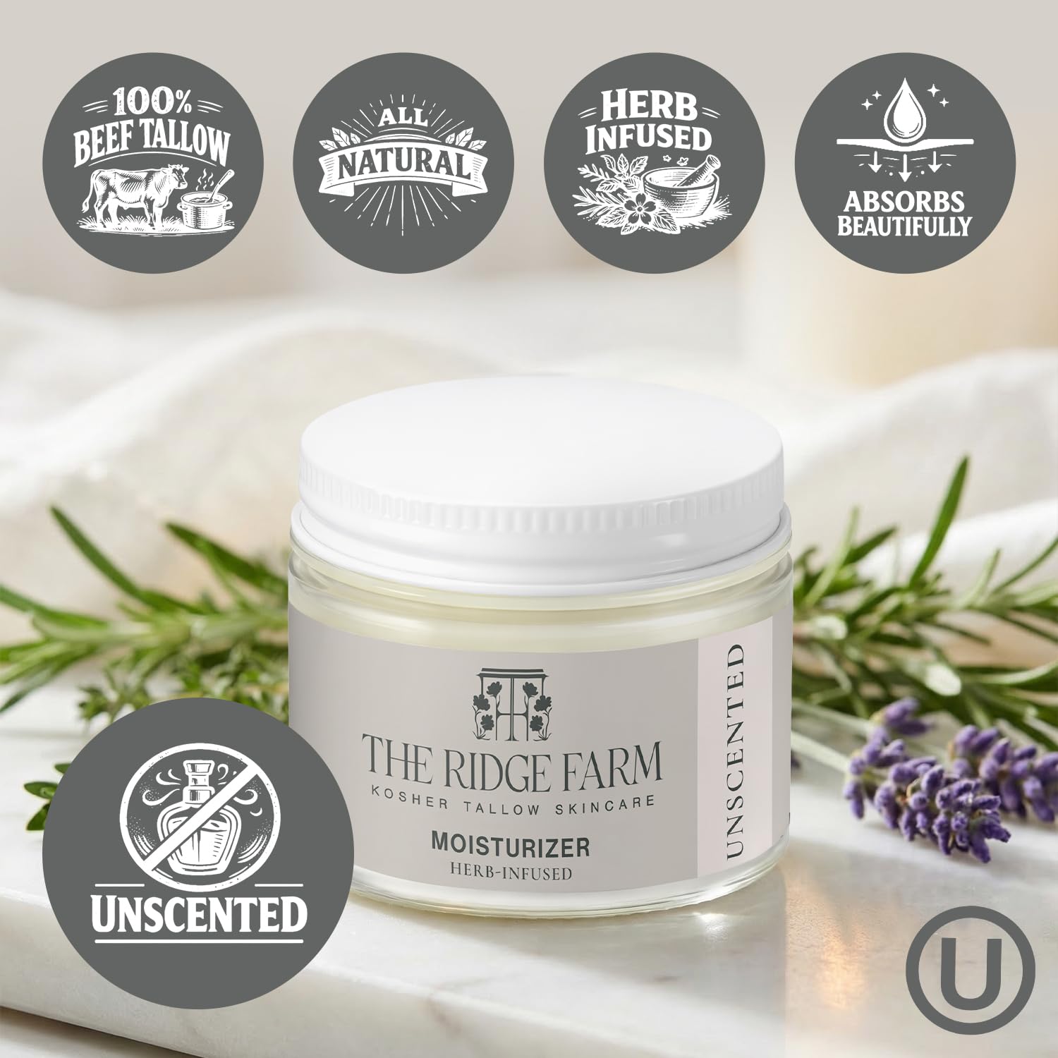 Organic Grass Fed Beef Tallow Balm – Unscented – Herb-Infused – Kosher Beef Tallow Skincare – Handmade Natural Moisturizer For Face + Body - 2 Oz.