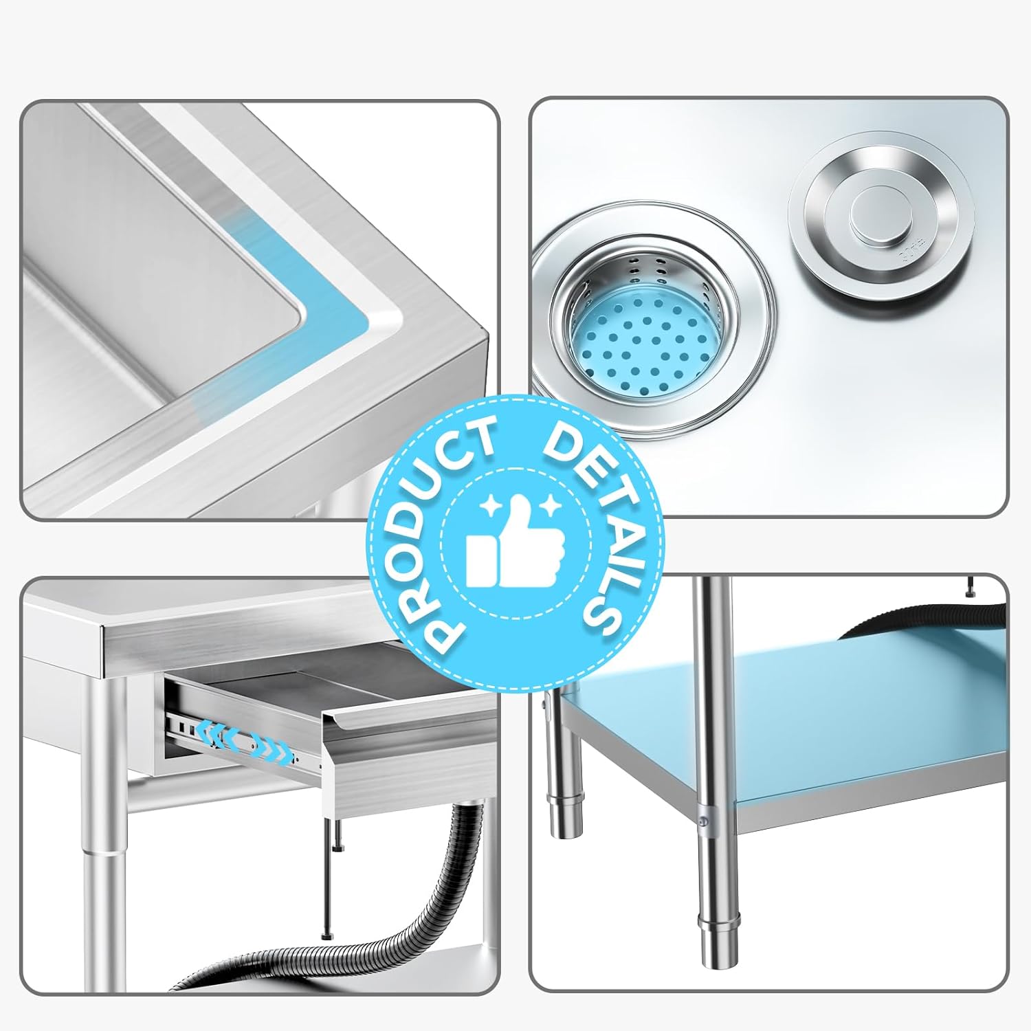 Stainless Steel Utility Sink Freestanding Single Bowl Laundry Sink with Hot and Cold Water Plumbing Workbench Drawers for Laundry Room Farmhouse Indoor and Outdoor Sink
