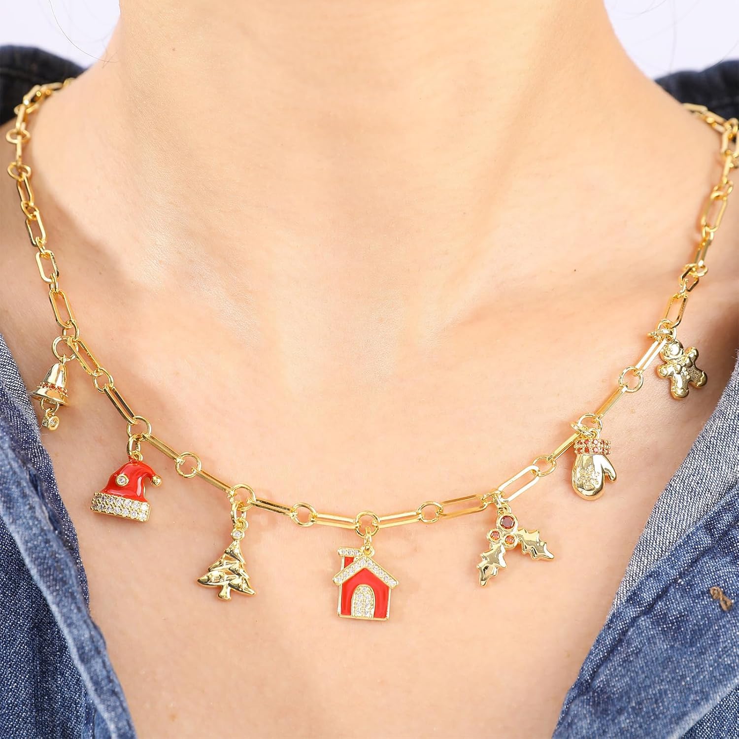 Christmas Layered Necklaces for Women with Jingle Bell Christmas Tree Pendant Necklace Colorful Christmas Holiday Necklace Christmas Jewelry Party Favors - Image 2