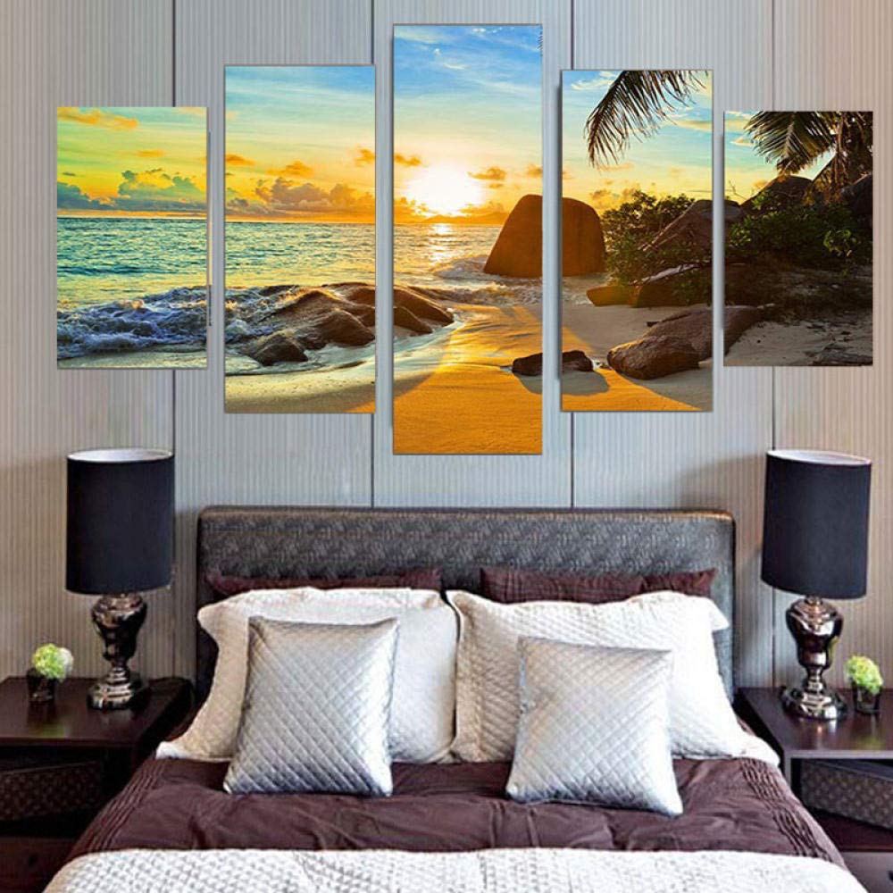 5Pcs Group Canvas Painting Picture Seascape Sunrise Beach Scenery HD Digital Home Decor Wall Art DIY Backdrop Living Room Supply no frame Size 4