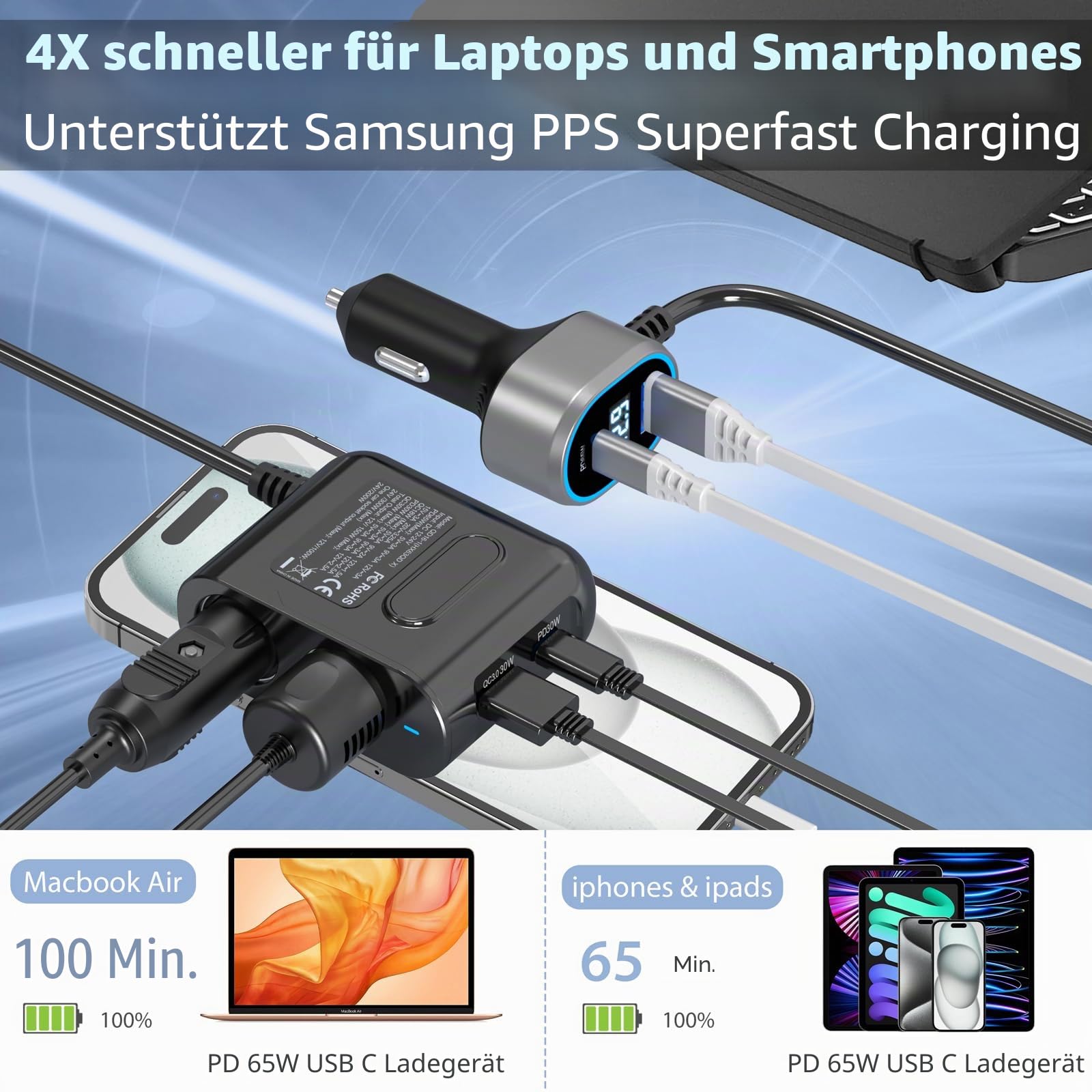 PD65W KFZ Verteiler auf Laptop: 200W Auto Zigarettenanzünder Adapter 12V Dual USB C Ladegerät 2 Mehrfach Steckdose 12 Volt DC Stecker Splitter mit LED Voltmeter für iPhone Sitzheizung GPS Kamera Navi