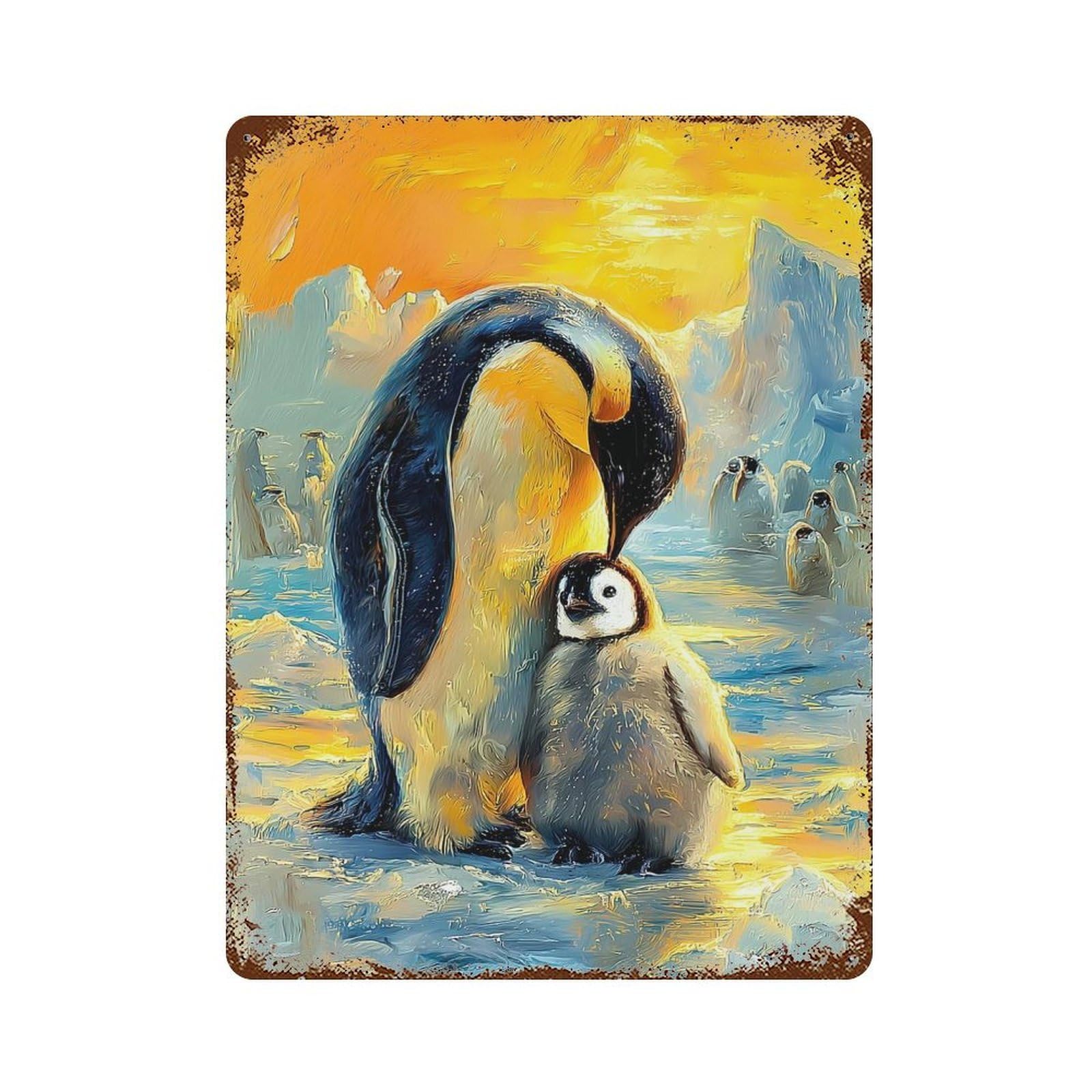Tender Penguin Family Embrace 15.7"x11.8" Rusty Metal Tin Sign, Shabby Chic Decor for Bistro, Counter And Cafe Decor
