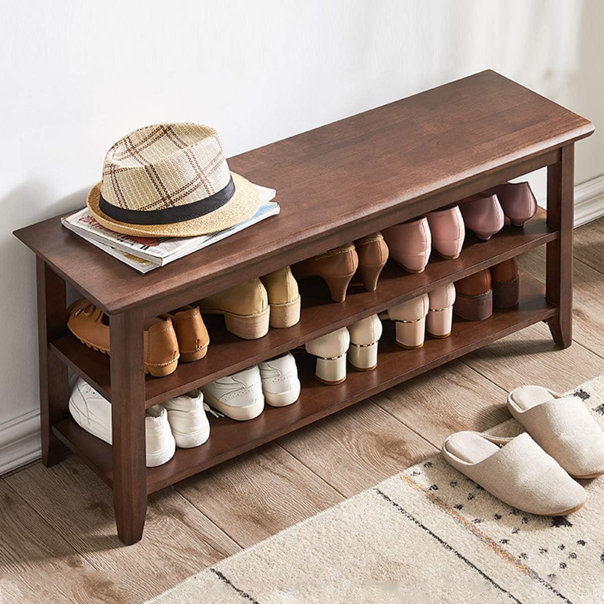Streem Solid Wood 2 Tier Shoe Rack, Shoe Storage Organizer for Front Door Entrance, Entryway, End of Bed Bench for Entry, Bedroom, Closet, Living Room, Hallway (100 CM), Brown-image-48