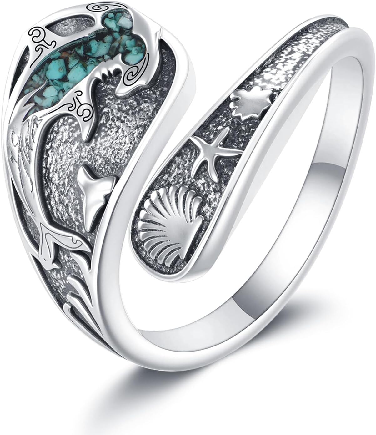 MONGAS Sun and Moon/Hummingbird/Hammerhead Ring Sterling Silver Created Turquoise Moon and Sun Ring Mountain Spoon Sun and Moon Jewelry For Women 7/8/9