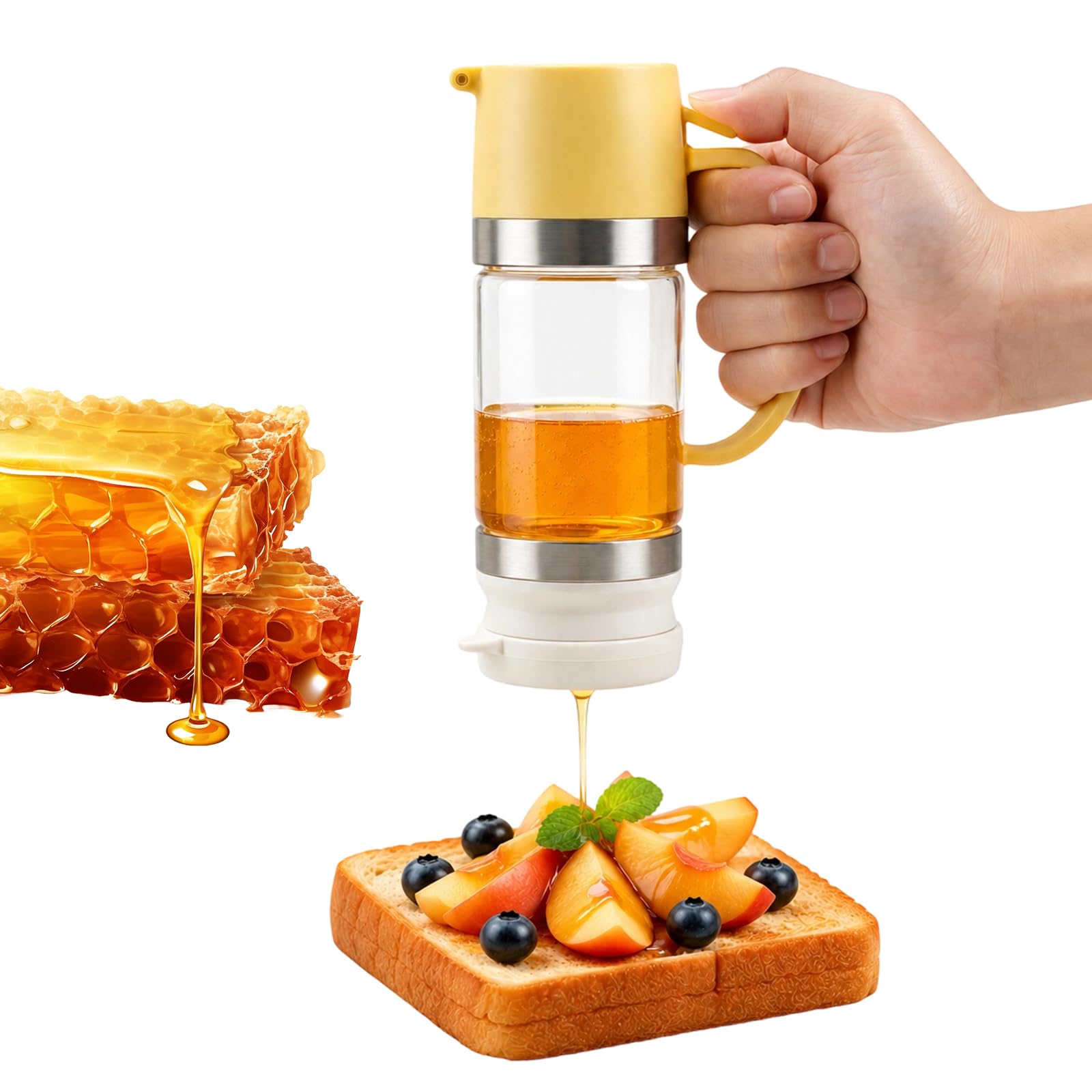 YedZen Glass Honey Dispenser, 350ML / 12 OZ, Honey Dispenser No Drip, Container Honey Jar with Handle for Home, Cofffee, Tea, Pancake, Yellow