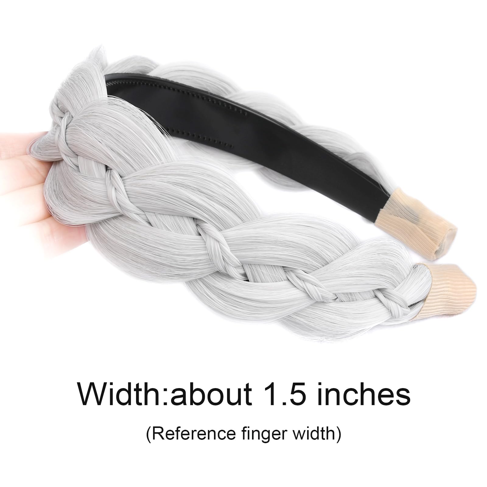 GLEDOLA Wide Braided Headband with Teeth Synthetic Hair Plaited Headband High Elasticity Braids Hair Band Hairpiece for Girls Women (White Gray - Image 2