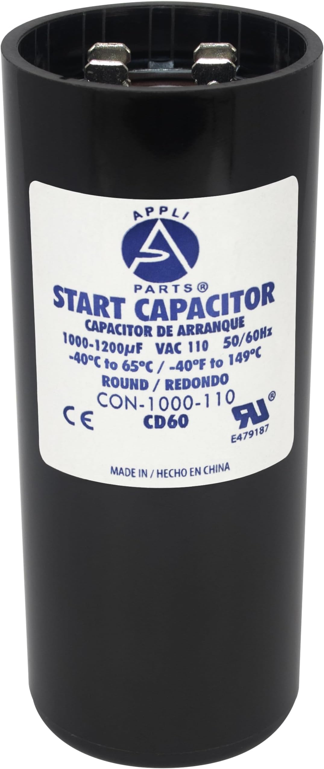 Appli Parts CON-1000-110 Motor Start Capacitor 1000-1200 MFD uF, 110-125 VAC. Universal for Electric Motor Applications, 1.75 in Wide, 4.38 in Height