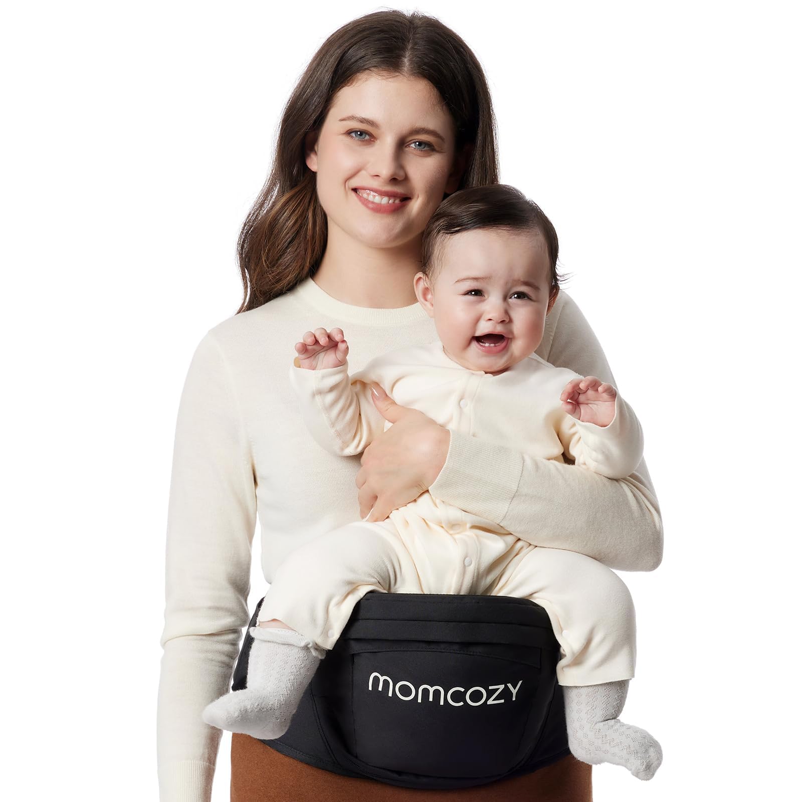 Porte-bébé Momcozy certifié CPC - Ceinture ajustable avec Protecteur Ventral Original 3D, Porte-bébé ergonomique avec plusieurs poches pour nouveau-nés et bambins jusqu'à 45lbs (Noir, Moyen)