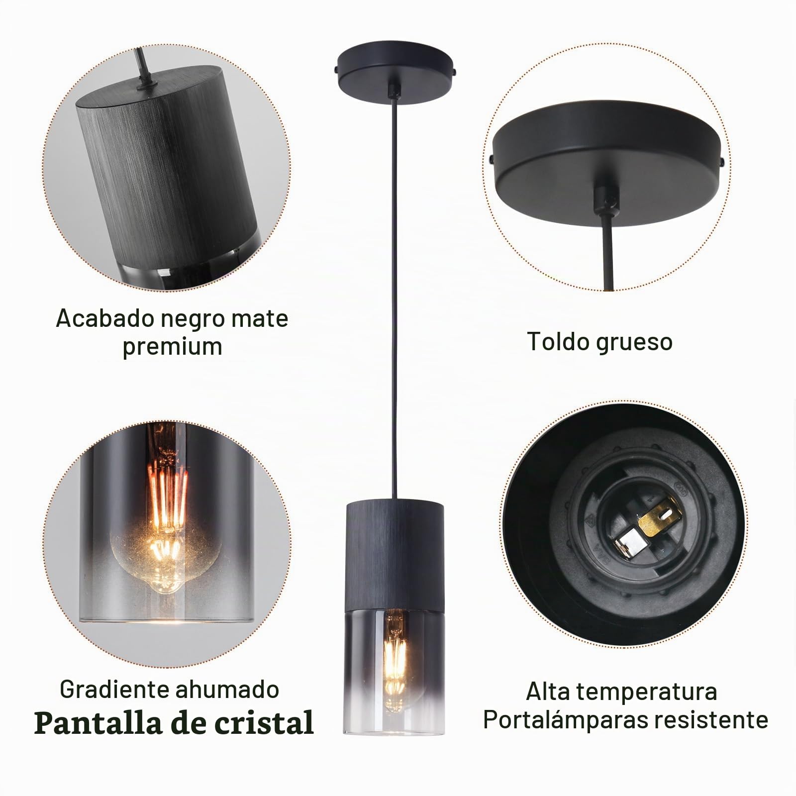 2 Focos Lámparas Colgante Negra, Lámparas Colgantes para Cocina Modernas y Ajustables, Adecuada para Isla de Cocina, Comedor, Lámparas Colgantes de Vidrio Industrial, Bombilla no Incluida