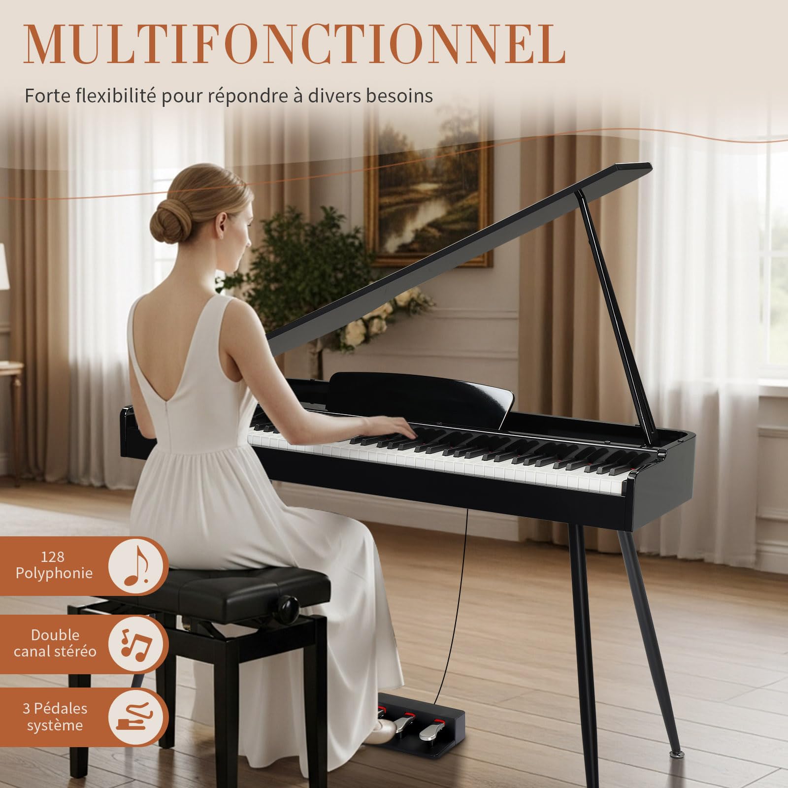 LEADZM Piano Numérique Marteaux 88 Touches, Piano Électrique avec Ressemblant à un Corps de Piano à Queue, avec MIDI-USB, Audio 4 Haut-Parleurs, Système à 3 Pédales, Noir