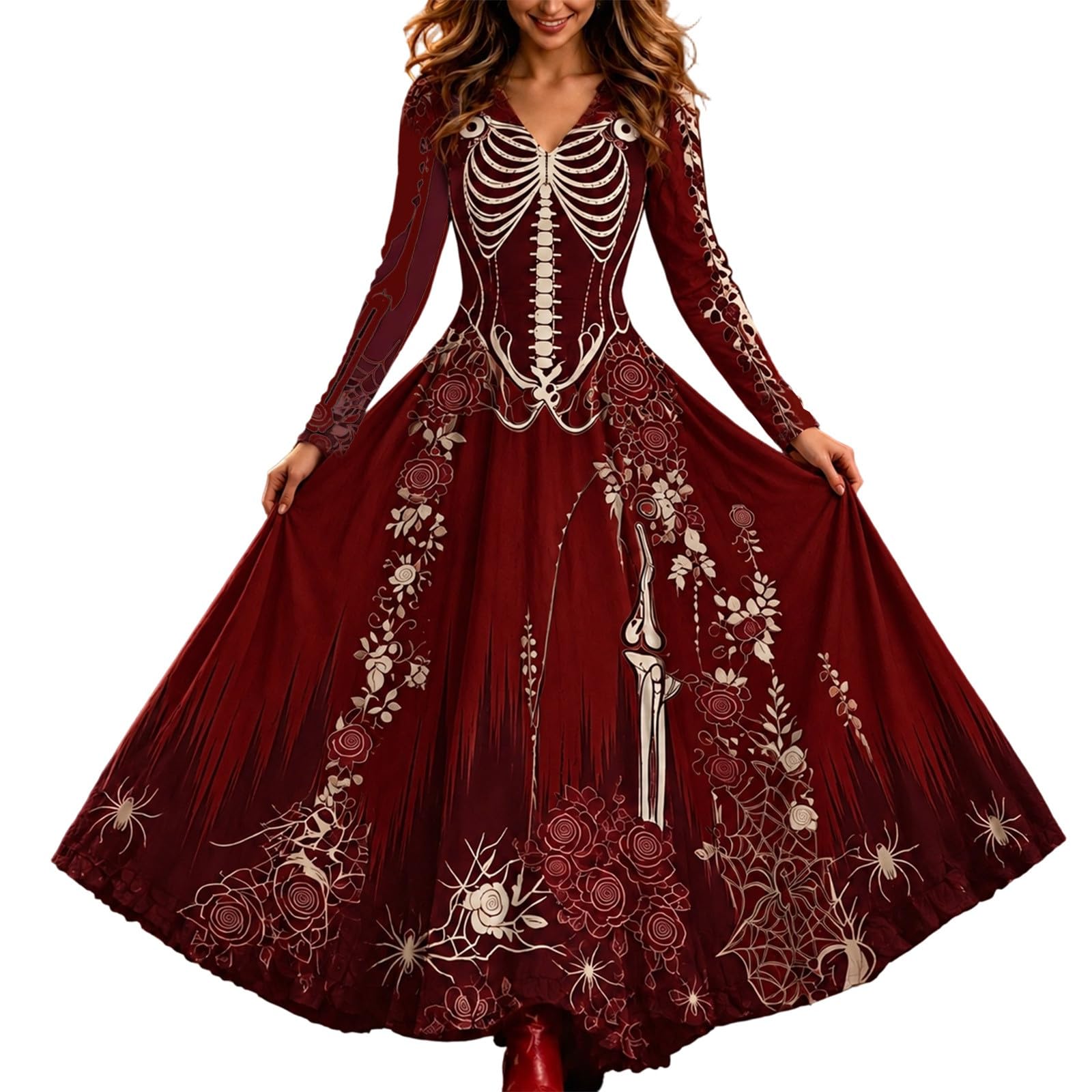 Halloween Costume Women's Skeleton Dress Midi Dress Gothic Dress Halloween Fancy Dress Costume Skeleton Skull A-line Long Sleeve Midi Dress Calf Length Gothic Vintage Cosplay Party