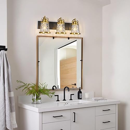 Miniatura 7 de Lámpara de tocador de baño de 3 luces, moderna, industrial, negra y dorada, con lámparas de cristal para el baño sobre el espejo