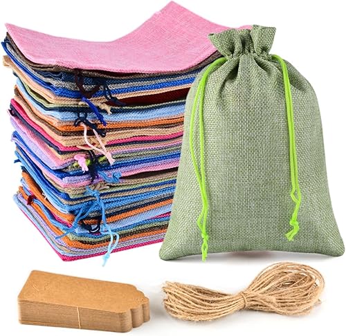 CLTPY 25 bolsas de arpillera con cierre de cordón de 7.9 x 11.8 pulgadas, bolsas de lino con etiquetas de regalo y cuerda, bolsas de joyería para