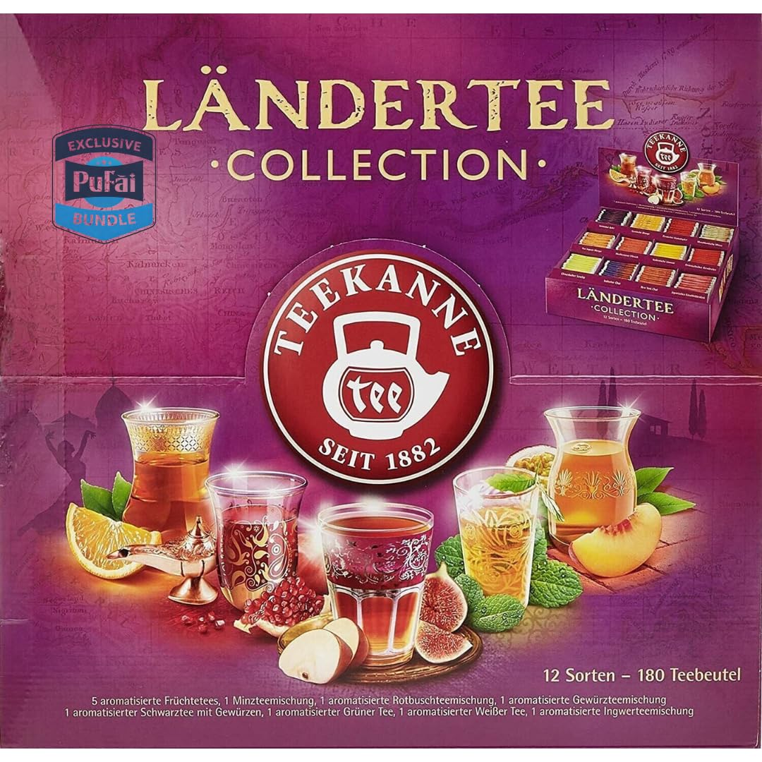 PUFAI BUNDLE –Teekanne Ländertee-Collection Teebox – 12 Sorten Kräuter- & Früchtetee | 180 Teebeutel, 383 g