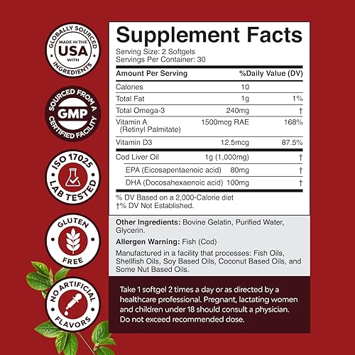 Miniatura 2 de Cápsulas blandas de aceite de hígado de bacalao capturado en la naturaleza islandés, Omega 3, EPA, DHA, vitamina D y A, 1000 mg por porción,