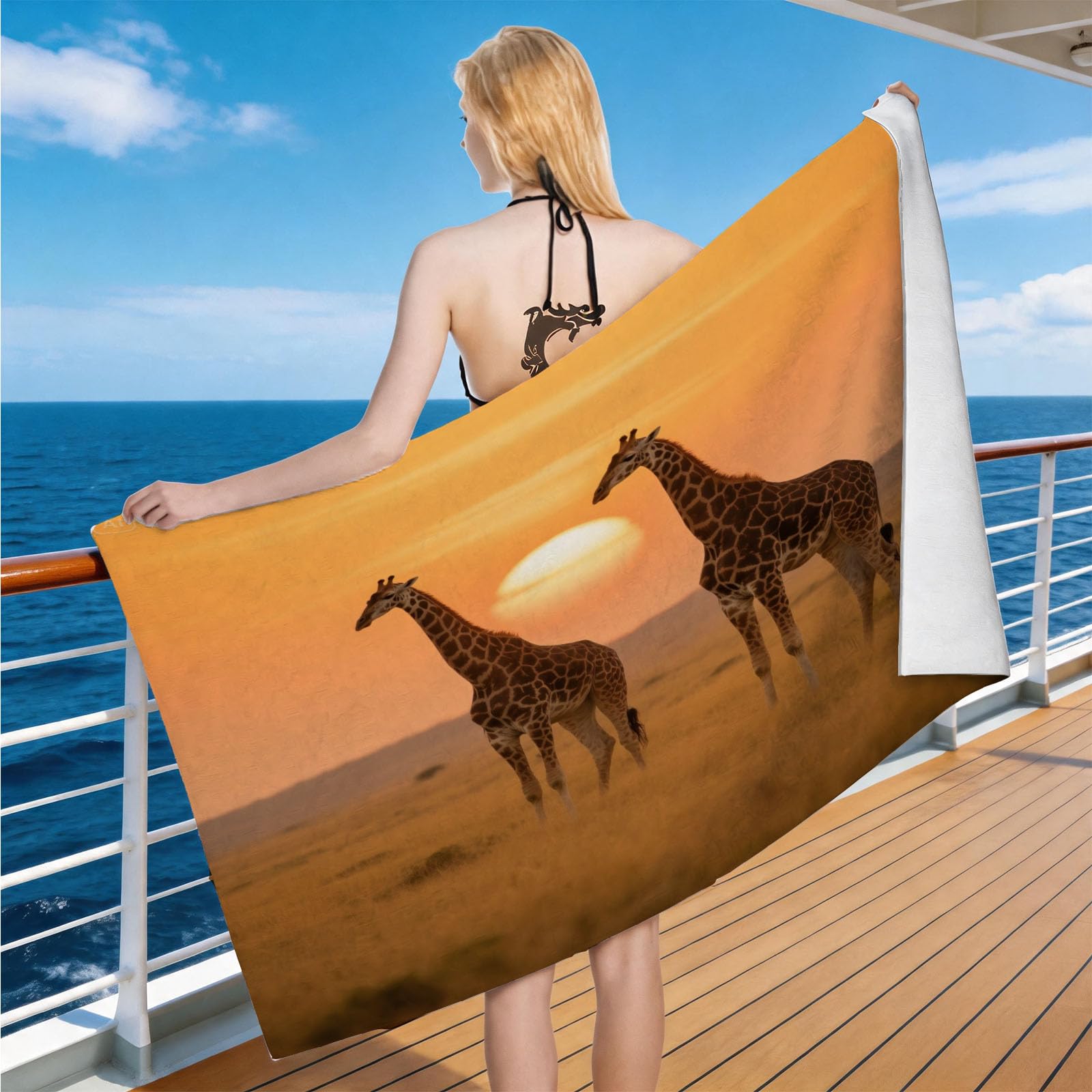 Hongduo Microfiber Quick Dry Beach Towel Afro Giraffe, 3D Sunset Grassland Beach Towels Absorbent Fast Drying Bath Towels, Travel Camping Gym Swimming Bathroom (100x200cm)