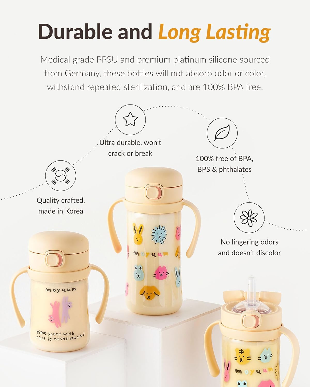 MOYUUM Leak Proof Sippy Cup with Handle | Made in Korea, 100% BPA Free PPSU, Magic No Spill Straw Cup with Attached Flip Top Lid, Easy to Hold for Babies and Toddlers, 9oz Gray - Image 2