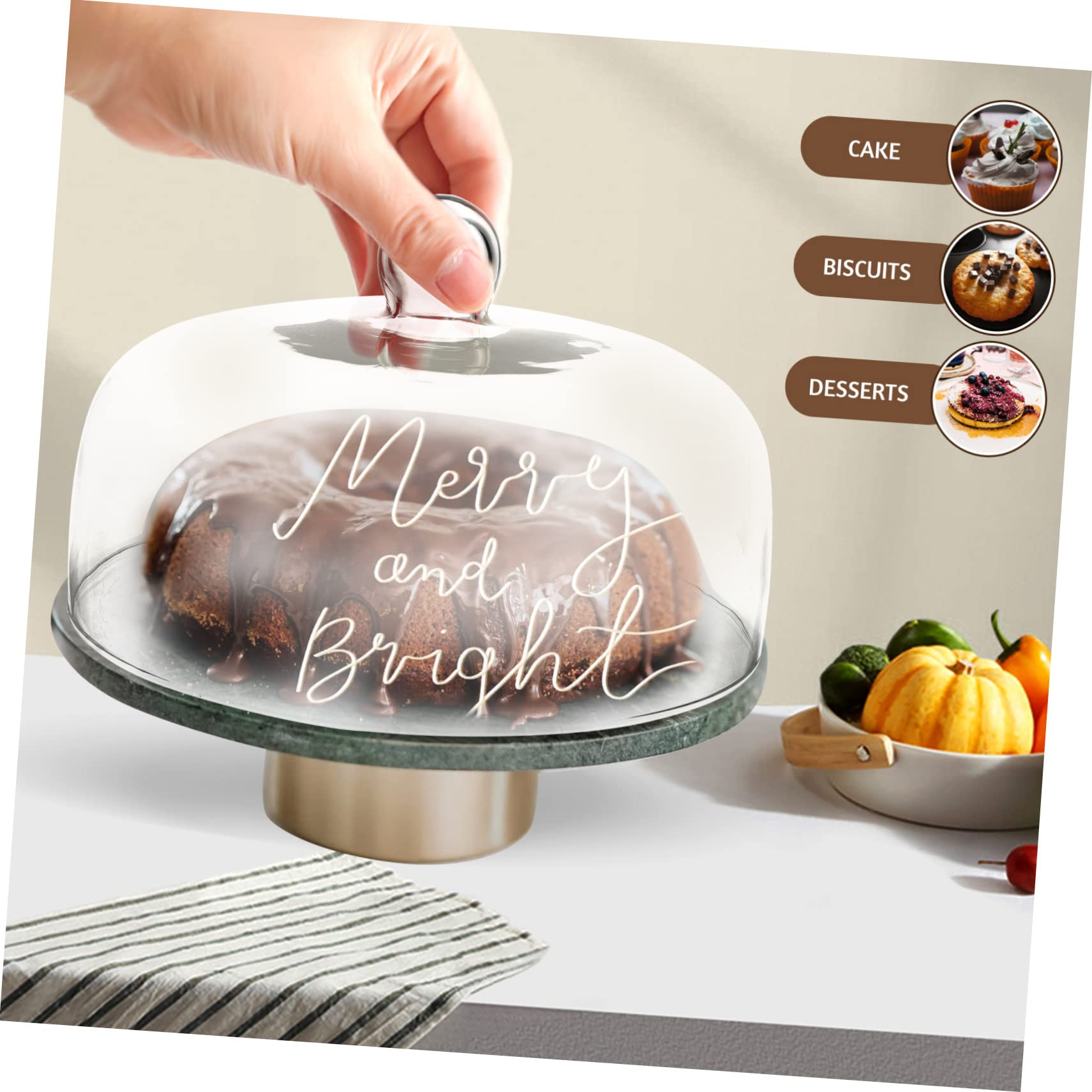 Cúpula de Vidrio para Pastel y Postres Transparente Asa Alimentaria | Protege Dulces del Polvo, Fácil de Mover, Adecuado para Mesa y Vitrina, Conserva el Producto Limpio
