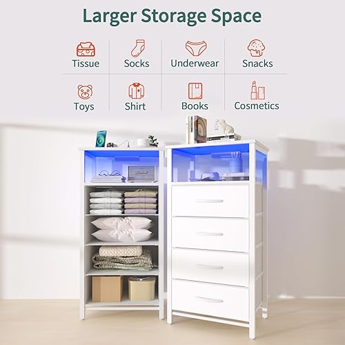 Miniatura 7 de Yoobure Mesita de noche LED blanca con estación de carga, mesita de noche con 4 cajones de almacenamiento y estante de almacenamiento, mesa auxiliar