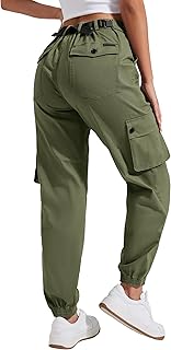 Women's Stretchy Cargo Pants with Pockets High-Rise Casual Hiking Cotton Joggers Adjustable Waistband with Belt