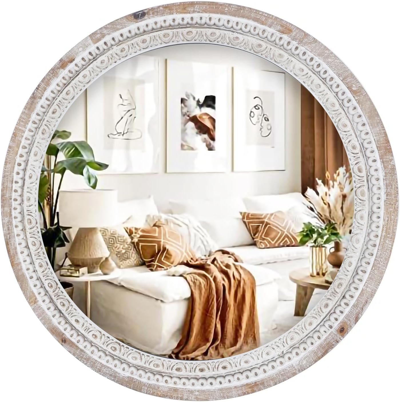 24 Inch Round Mounted Wall Mirror, Farmhouse Circle Decorative Mirror with White Wash Beads, Wooden Frame Rustic Boho Mirror for Bedroom, Bathroom, Living Room, Entryway Decor