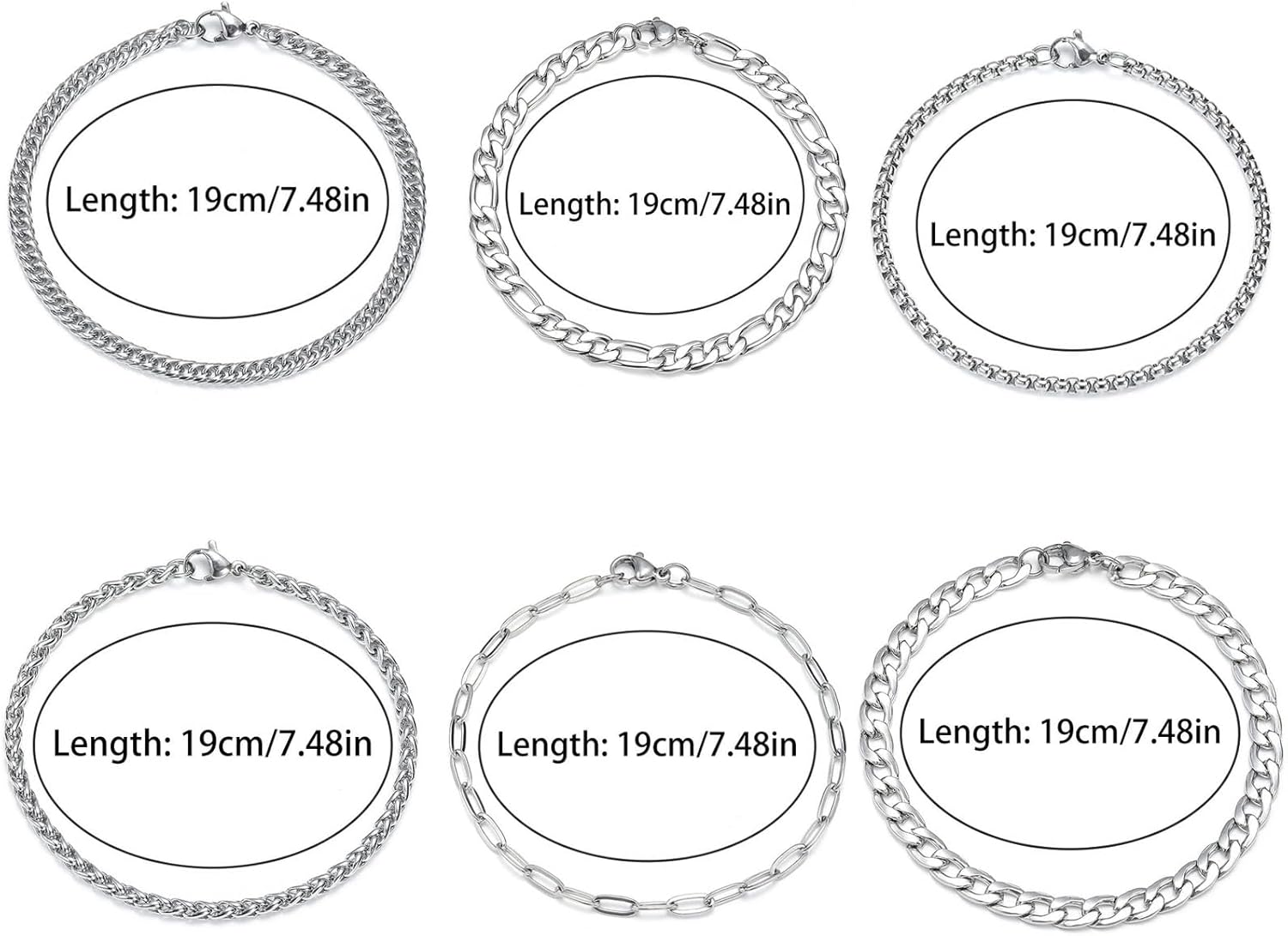 6PCS Silver Bracelets for Men Stainless Steel Cuban Chain Bracelet Silver Chain Bracelet Set 316L Stainless Steel Figaro Rope Cuban Link Bracelet Jewelry for Men/Women - Image 2