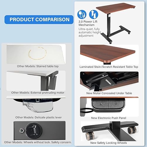 Miniatura 4 de Vaunn Mesa eléctrica médica para colocar sobre la cama, mesa de noche ajustable con ruedas (eléctrica, hospitalaria y uso doméstico) - Marrón