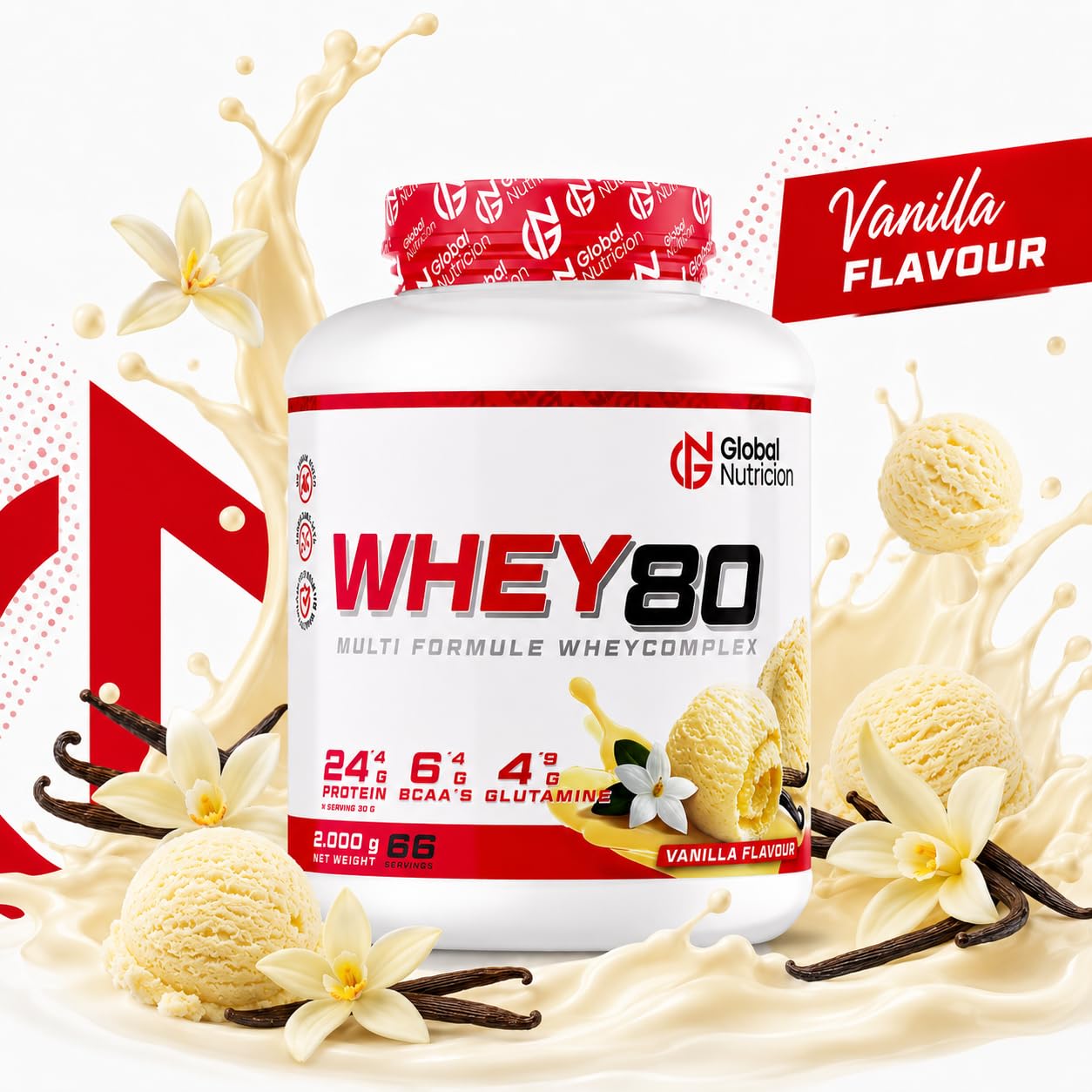GlobalNutricion Whey 80 Proteína en Polvo de Suero de Leche 2 kg Vainilla | BCAA naturales, Bajo en grasas y azúcares, contribuye al crecimiento de la masa muscular, Mejora tus entrenamientos