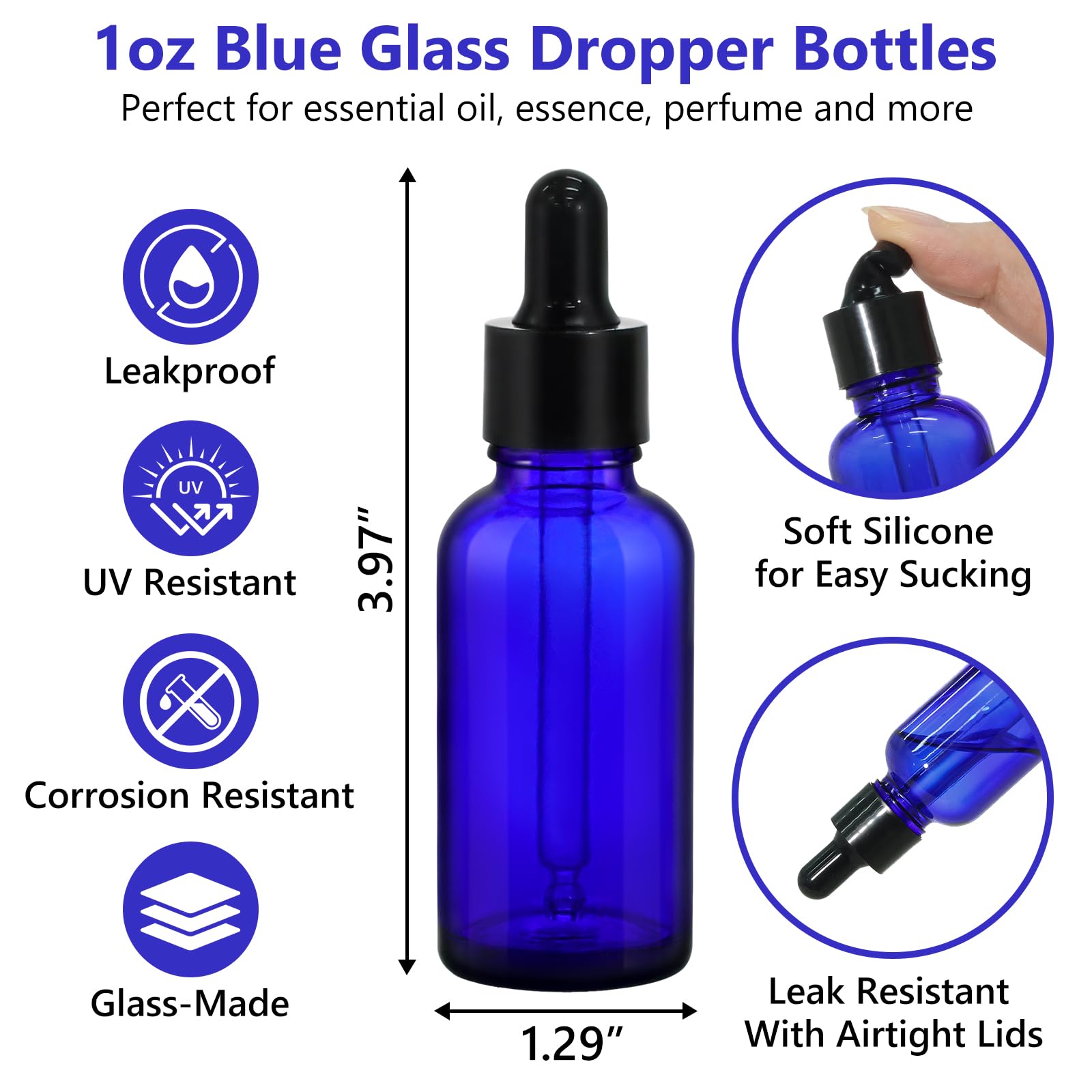 KEYWING Botellas cuentagotas azules de 1 onza para aceites esenciales con cuentagotas de vidrio largo, 30 ml, 60 paquetes de botellas de vidrio para líquidos