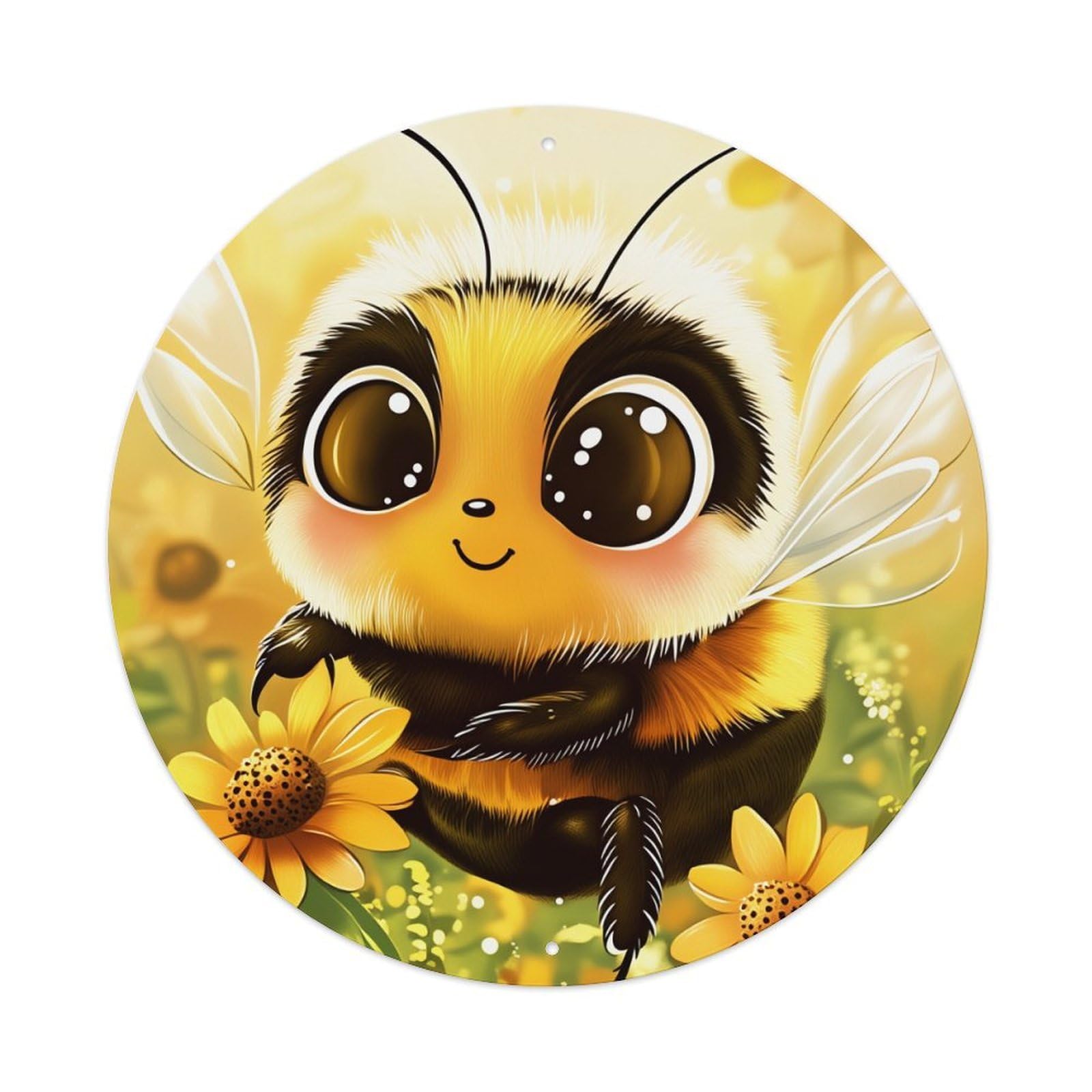 Cute Bee Flower Background Pattern Round Tin Sign Vintage Metal Poster, Home Bar Garage Man Cave Cafe Indoor & Outdoor Wall Decoration 8x8Inches