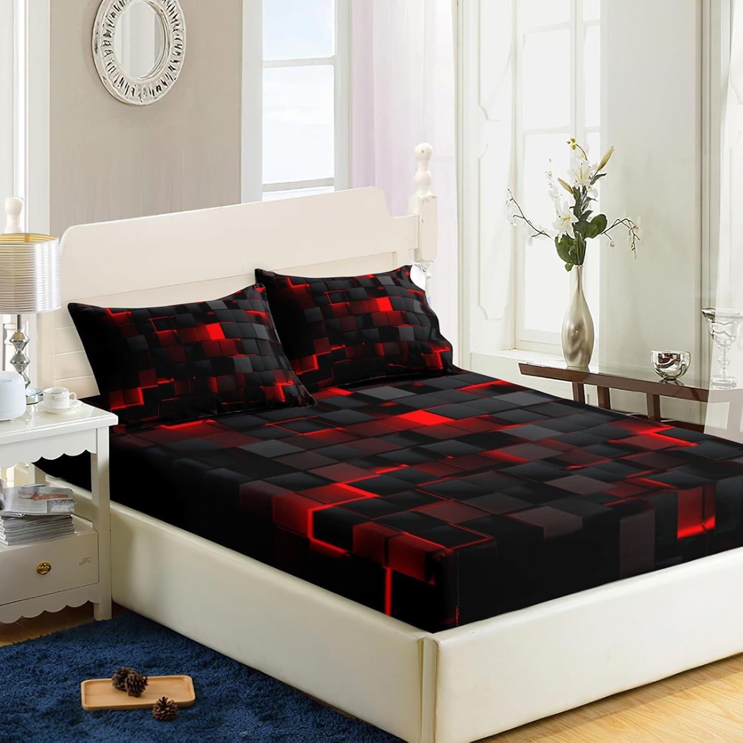 3D Abstract Geometric Bed Sheets Set, Twin Queen Size Super Soft Microfiber Teen Bedding, 10" Deep Pocket Fitted Sheet, Flat Sheet, Breathable Room Decor (NO Pillowcases)(Rojo,152x203x25cm)