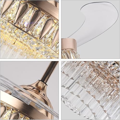 Miniatura 4 de ONELLH Crystal Ceiling Fan with Light and Remote Control Gold Retractable Fandelier Fan, Modern Chandelier Ceiling Fan with 3 Color Lights and 3