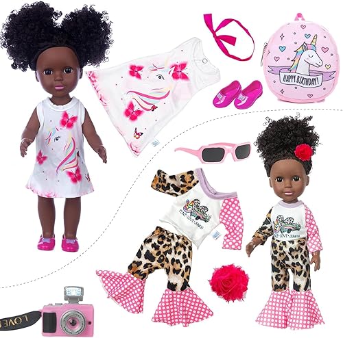 Miniatura 3 de ZQDOLL Conjunto de ropa de muñeca negra y muñeca de bebé, accesorios para muñecas, 14.5 pulgadas, muñeca afroamericana de silicona con mochila para