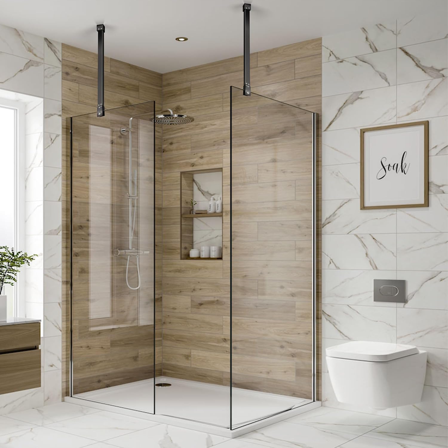 Shower Door Top Support Bar Rod, Length 17.7"-31.9"(451mm-811mm), to Fix 5/16"(8mm) to 3/8"(10mm) Thick Frameless Glass Panel, Matte Black
