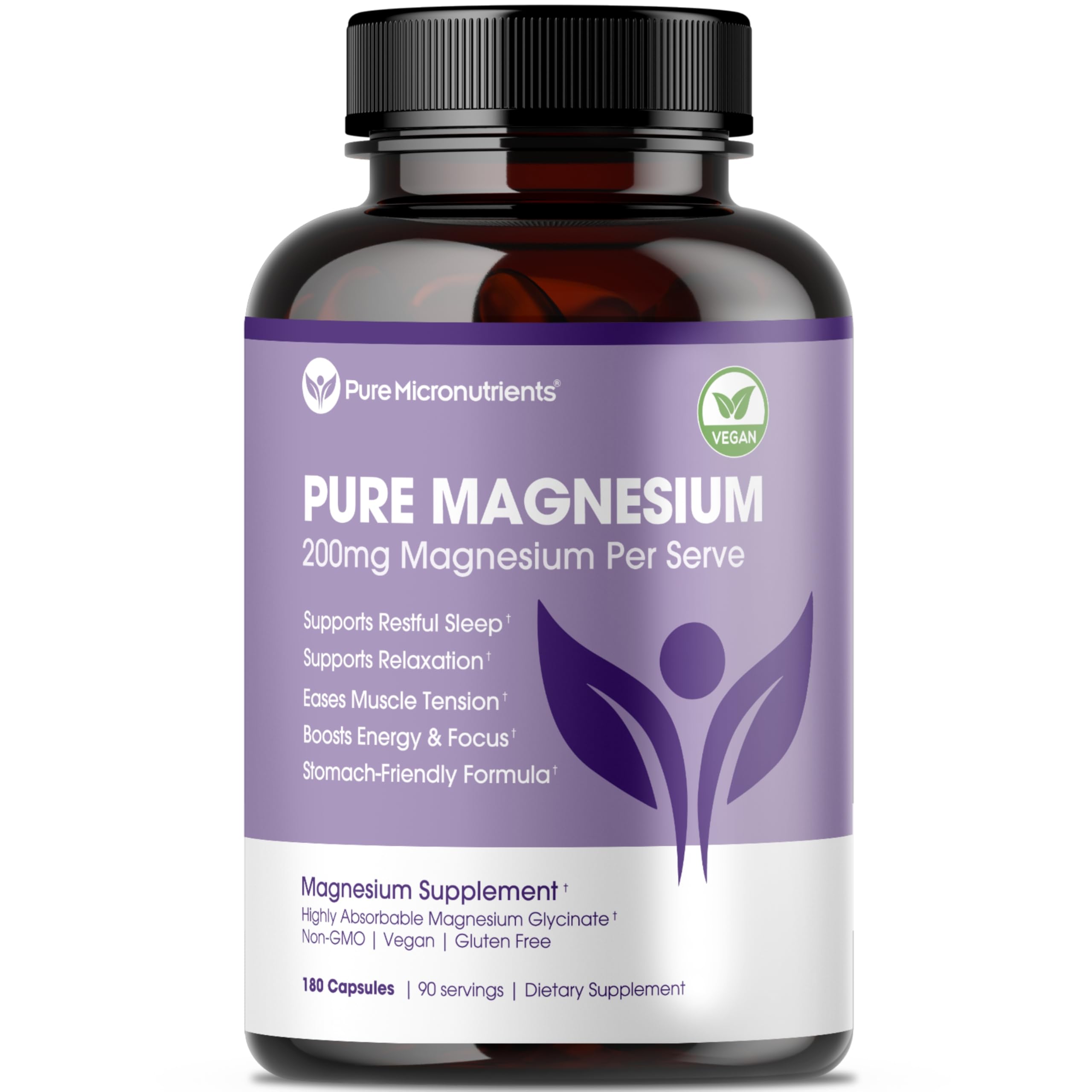 Pure Magnesium Glycinate Supplement – Highly Absorbable Chelated Magnesium to Support Sleep, Muscle & Nerve Health, Energy, Relaxation & Bone Health – 200mg Per Serving, 180 Capsules