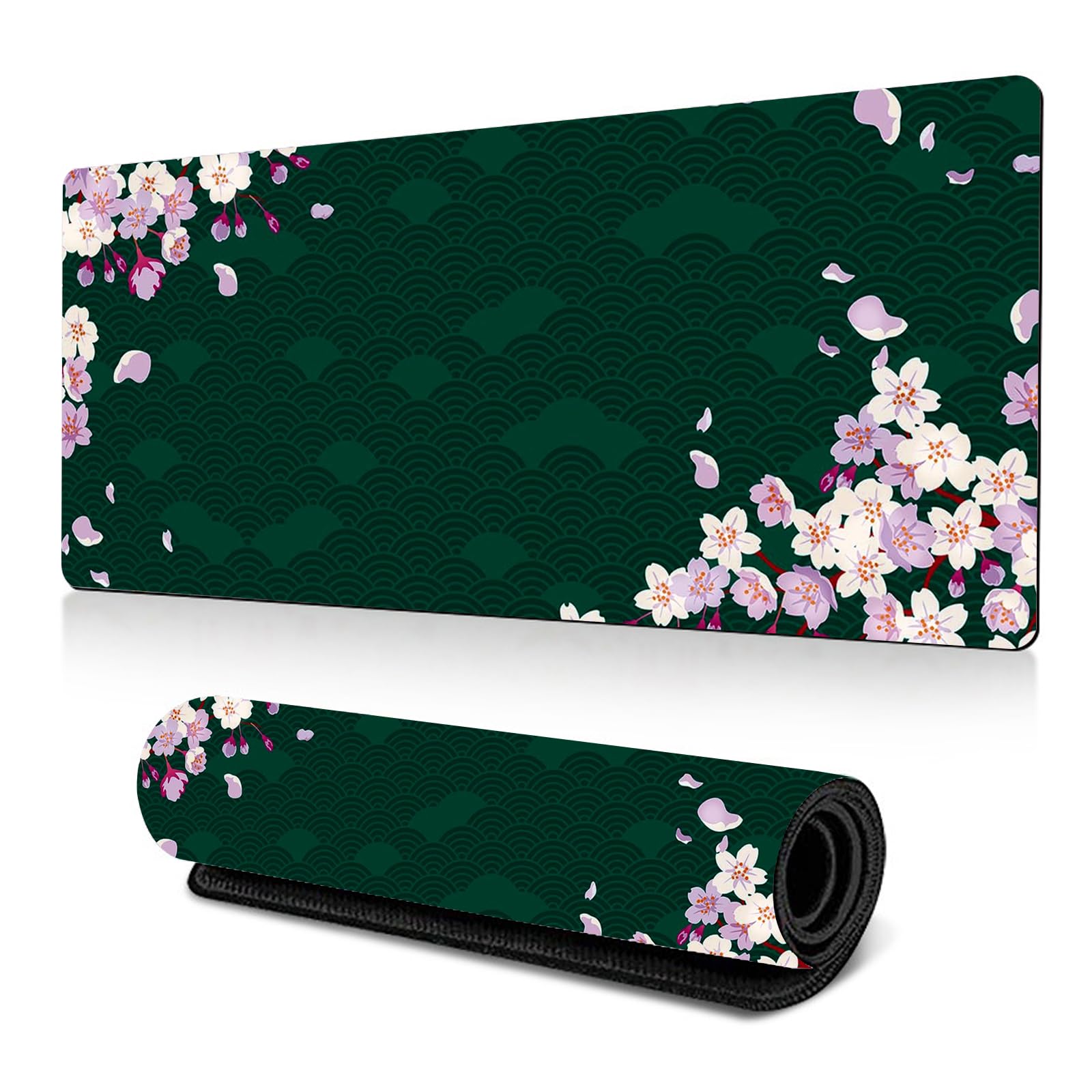 Gaming Mouse Pad 800x300mm Large Gaming Mouse Mat with Stitched Edges, Japanese Cherry Blossom Keyboard Desk Pad, Comfortable Mousepad with Non-Slip Rubber Base (Dark Green 80 * 30cm)