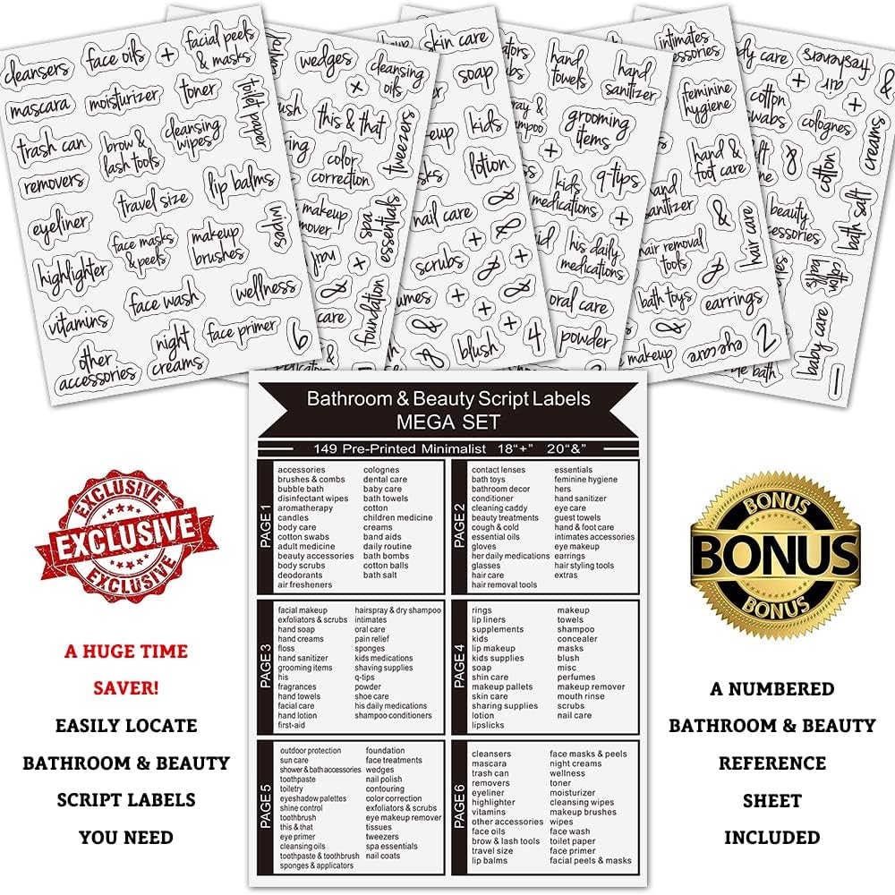 The Home Edit Bathroom Labels - 149 Pcs Preprinted Stickers for Containers Organization (Bath, Beauty & Makeup) - Waterproof Decals image 4