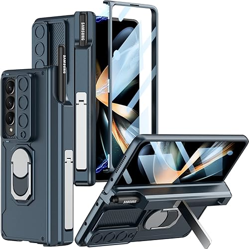 Funda para Samsung Galaxy Z Fold 4 con soporte para S Pen (protección de bisagra), soporte magnético de anillo de 360, cubierta de cámara